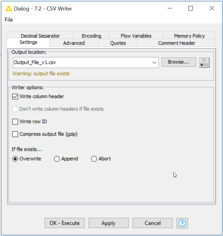 csv writer dialog showing advanced execute functionality.
